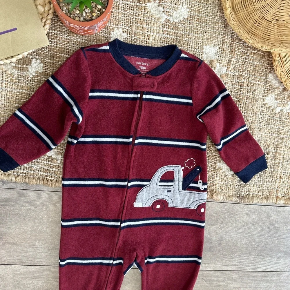 Carter's Toddler Boy Zip Footie Pajamas Sleeper Striped Fleece Tow Truck 18 M